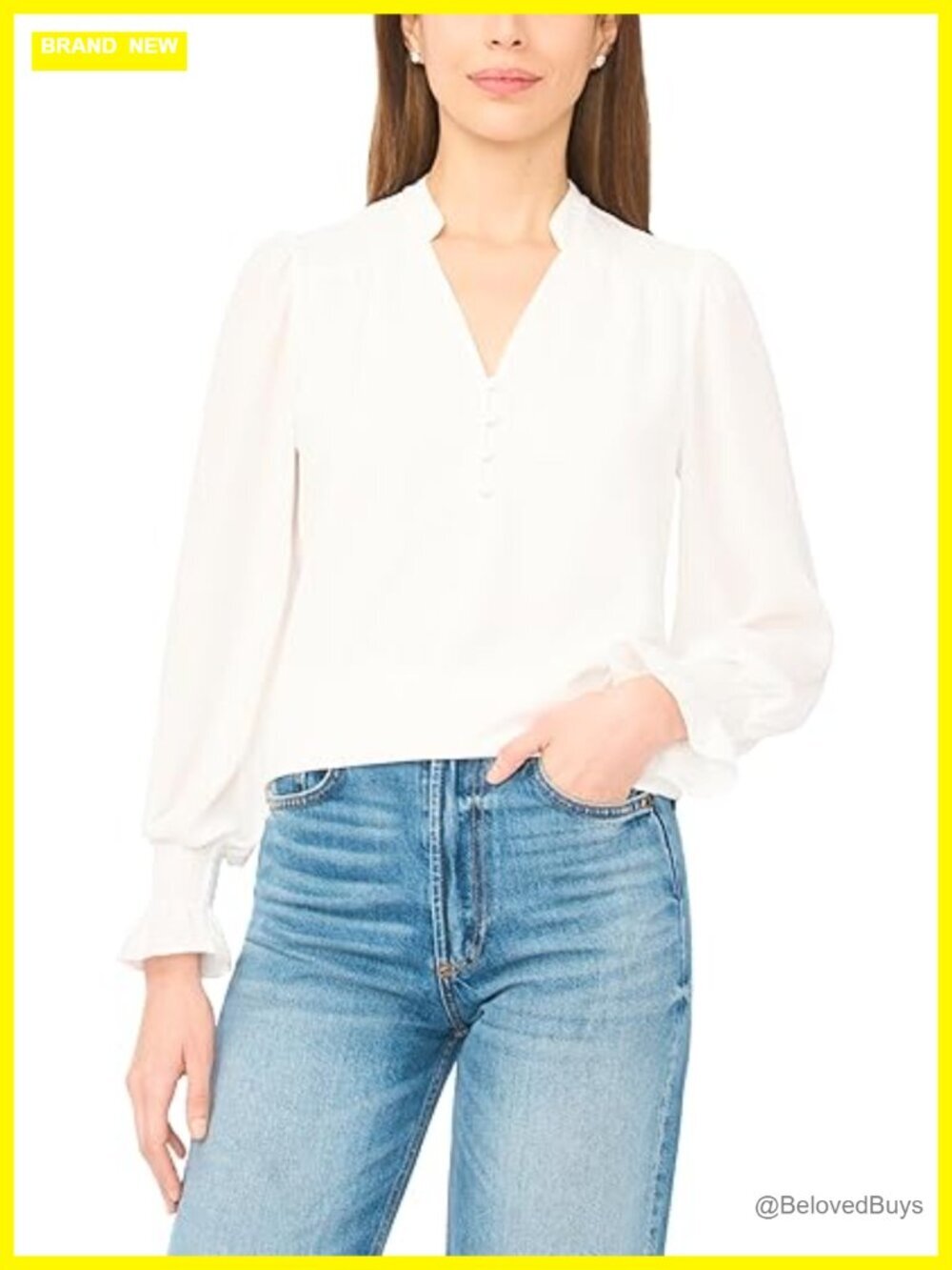 Long Sleeve Half Placket Smocked Top - Relaxed Fit